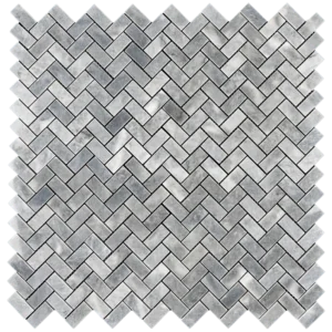 Top view of Bardiglio Herringbone Polished Marble Mosaic Tile in gray tones, ideal for backsplashes and walls.