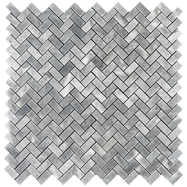 Top view of Bardiglio Herringbone Polished Marble Mosaic Tile in gray tones, ideal for backsplashes and walls.