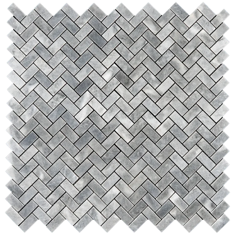 Top view of Bardiglio Herringbone Polished Marble Mosaic Tile in gray tones, ideal for backsplashes and walls.