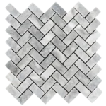 Detailed view of Bardiglio marble herringbone polished mosaic tile sheet with a uniform gray color palette.