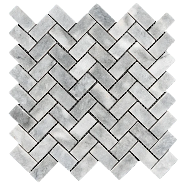 Detailed view of Bardiglio marble herringbone polished mosaic tile sheet with a uniform gray color palette.
