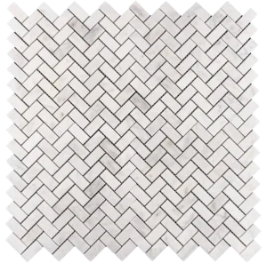 Milas Herringbone 1x2 Honed Mosaic Tile – Overhead view of honed white marble tiles arranged in a classic herringbone pattern, ideal for backsplashes and accent walls.