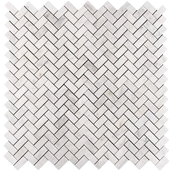 Milas Herringbone 1x2 Honed Mosaic Tile – Overhead view of honed white marble tiles arranged in a classic herringbone pattern, ideal for backsplashes and accent walls.