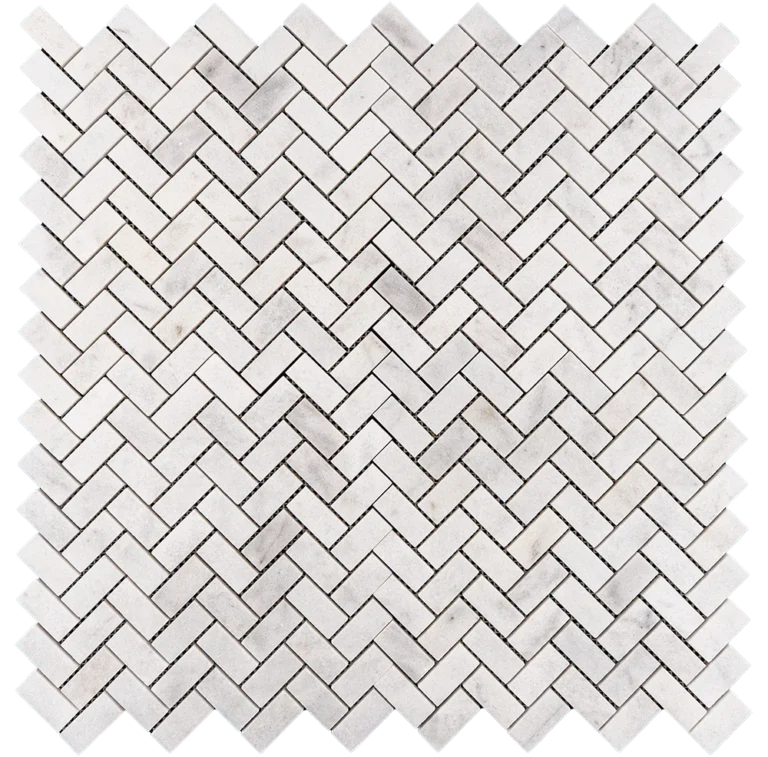 Milas Herringbone 1x2 Honed Mosaic Tile – Overhead view of honed white marble tiles arranged in a classic herringbone pattern, ideal for backsplashes and accent walls.