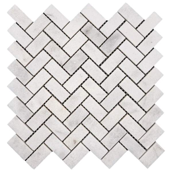 Milas Herringbone 1x2 Honed Mosaic Tile – Detail shot highlighting the craftsmanship and natural beauty of the marble pieces in a herringbone layout.