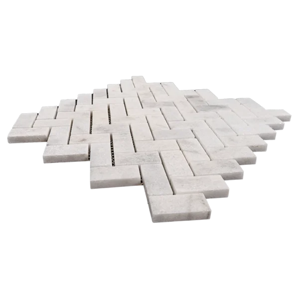 Milas Herringbone 1x2 Honed Mosaic Tile – Angled view emphasizing the thickness and seamless installation of the marble tiles in the herringbone design.