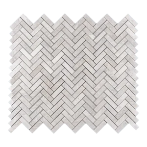 Iceberg Herringbone 1x3 marble mosaic tiles with polished finish, featuring a seamless interlocking design and bright white tones perfect for backsplashes and walls.