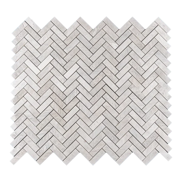 Iceberg Herringbone 1x3 marble mosaic tiles with polished finish, featuring a seamless interlocking design and bright white tones perfect for backsplashes and walls.