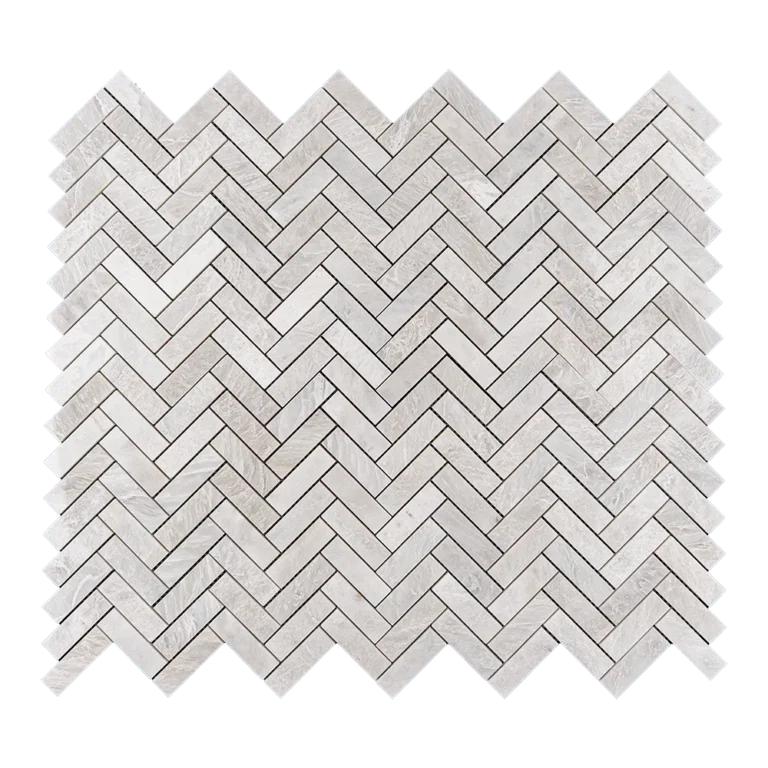 Iceberg Herringbone 1x3 marble mosaic tiles with polished finish, featuring a seamless interlocking design and bright white tones perfect for backsplashes and walls.