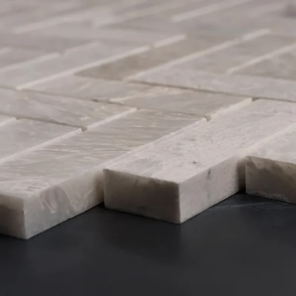 Iceberg Herringbone 1×3″ Polished Marble Mosaic Tile – White & Gray Elegance