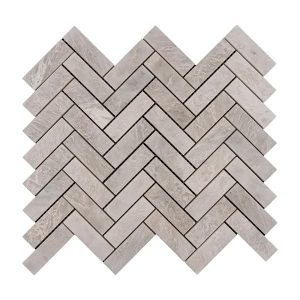 Iceberg Herringbone 1×3″ Polished Marble Mosaic Tile – White & Gray Elegance