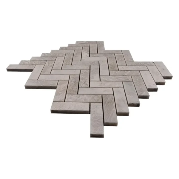 Iceberg Herringbone 1×3″ Polished Marble Mosaic Tile – White & Gray Elegance