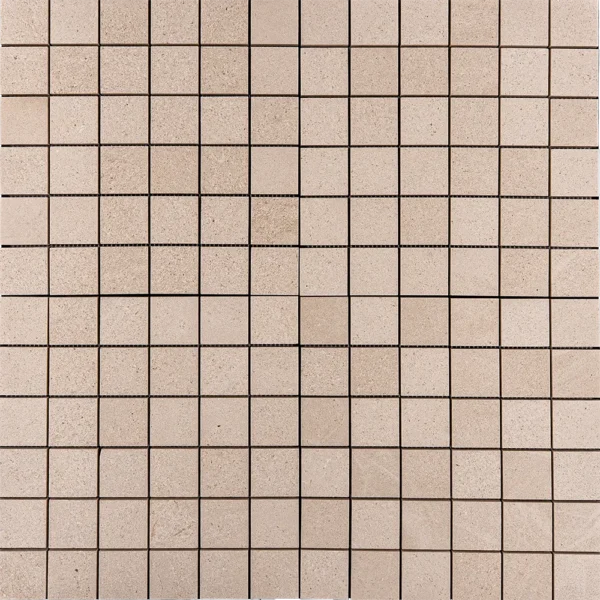 2x2 honed limestone mosaic tile sheet showcasing uniform, smooth, and matte surface in beige tones, ideal for kitchen backsplashes and bathroom walls.