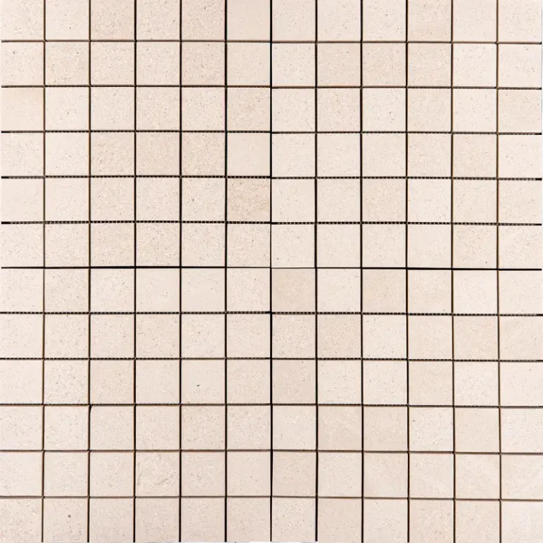2x2 honed limestone mosaic tile sheet showcasing uniform, smooth, and matte surface in beige tones, ideal for kitchen backsplashes and bathroom walls.
