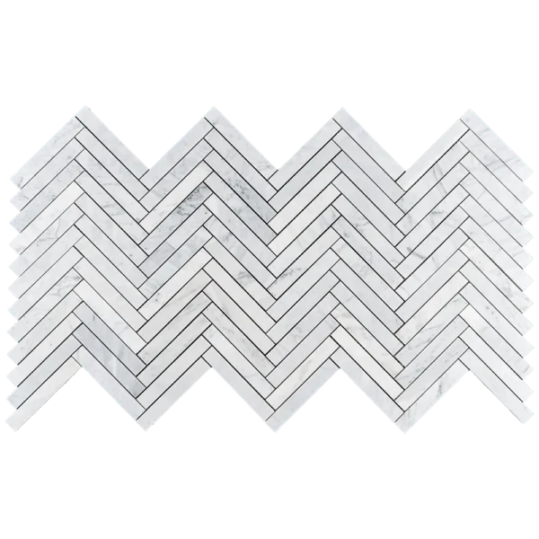 A sheet of 1x6 honed Carrara marble tiles arranged in a classic herringbone pattern. The tiles feature a soft white background with delicate gray veining, creating a timeless and elegant design ideal for kitchen backsplashes, bathroom walls, and accent areas.