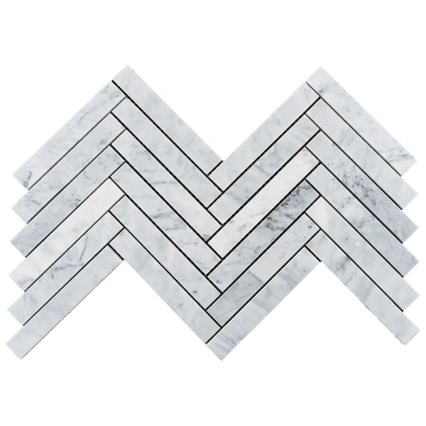 A 1x6 honed Carrara marble tile sheet arranged in a refined herringbone pattern. The tiles showcase a crisp white base with delicate gray veining, adding a classic and sophisticated look ideal for bathrooms, backsplashes, and feature walls.
