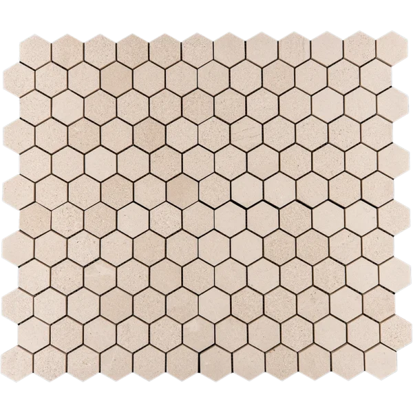 Top view of 2-inch honed limestone honeycomb mosaic tile sheet in soft beige with hexagon layout for bathroom and backsplash use.