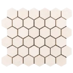 Top view of 2-inch honed limestone honeycomb mosaic tile sheet in soft beige with hexagon layout for bathroom and backsplash use.