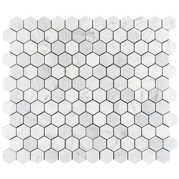 2-inch honed Carrara White marble honeycomb mosaic tile sheet with icy veining and hexagon pattern for backsplash and bathroom wall use.