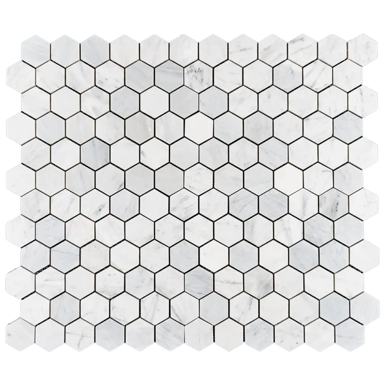 2-inch honed Carrara White marble honeycomb mosaic tile sheet with icy veining and hexagon pattern for backsplash and bathroom wall use.