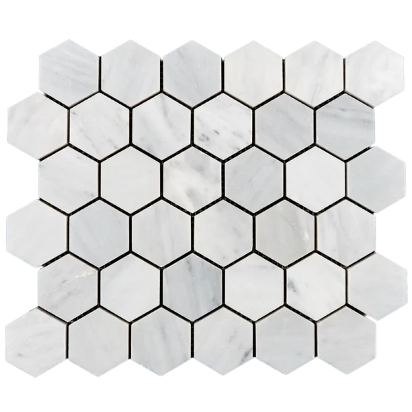 Top view of 2-inch honed Carrara White marble honeycomb mosaic tile sheet with white hexagon pattern for wall applications.
