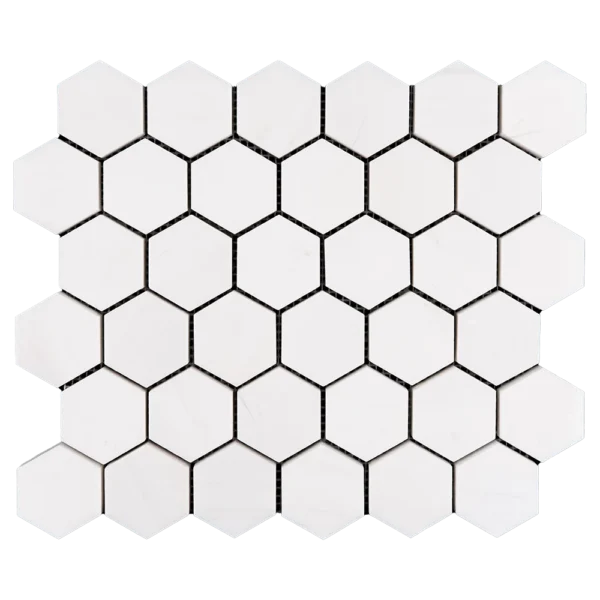 Close-up of 2-inch white Dolomite polished honeycomb mosaic tiles