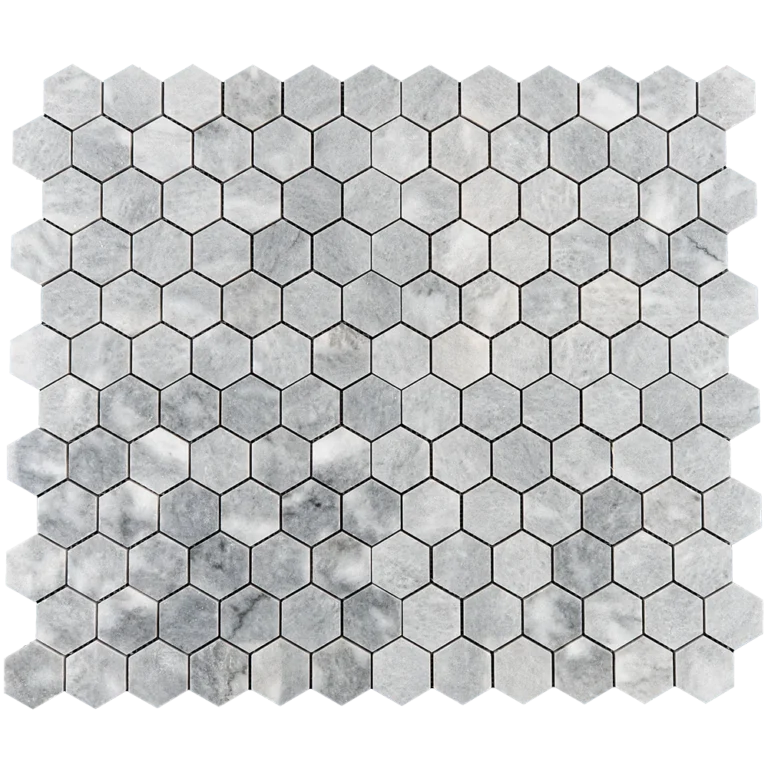 Top view of polished honeycomb mosaic tile sheet made from Bardiglio grey marble, featuring 2-inch hexagonal tiles with soft white veining.