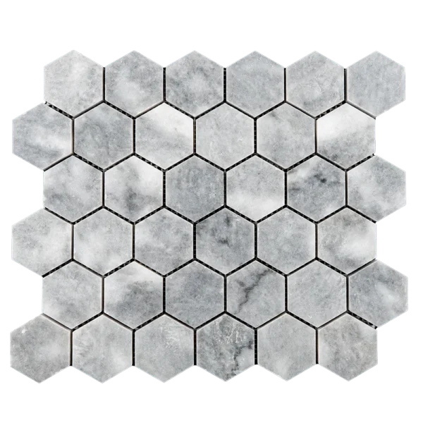 Top view of Bardiglio grey marble mosaic tile sheet with 2-inch hexagonal tiles, showcasing polished finish and natural white veining in a honeycomb layout.