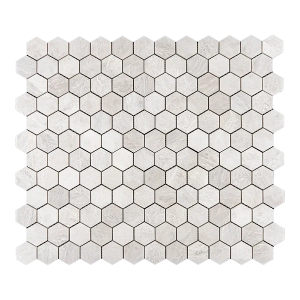 Top view of 2-inch honed Iceberg marble honeycomb mosaic tile sheet with white and icy veining hexagon pieces for wall applications.