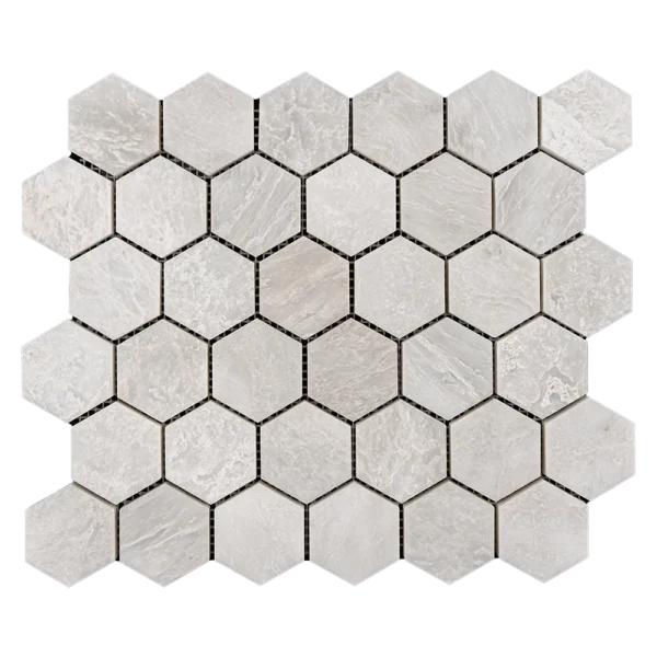 Top view of 2-inch Iceberg honed marble honeycomb mosaic tile sheet with soft white and gray hexagon pattern.