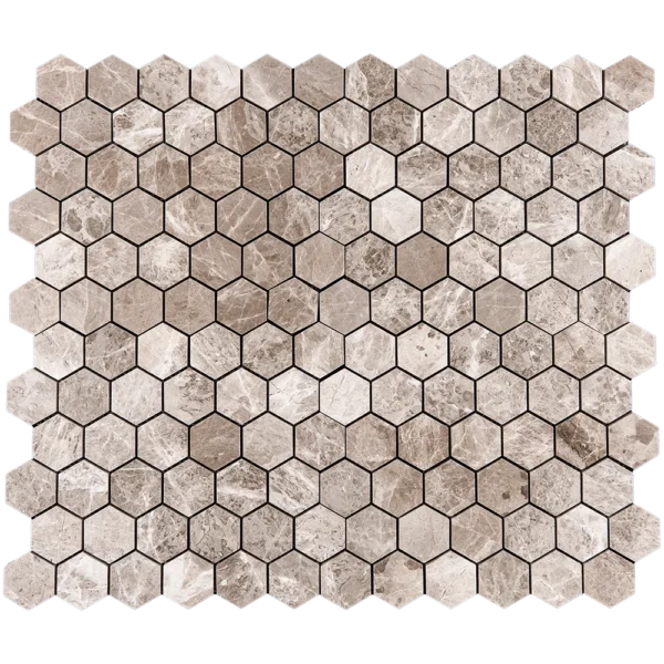 Top view of 2-inch polished silver marble honeycomb mosaic tile with hexagon pattern for backsplashes and interior walls.