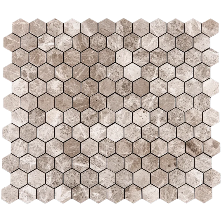 Top view of 2-inch polished silver marble honeycomb mosaic tile with hexagon pattern for backsplashes and interior walls.