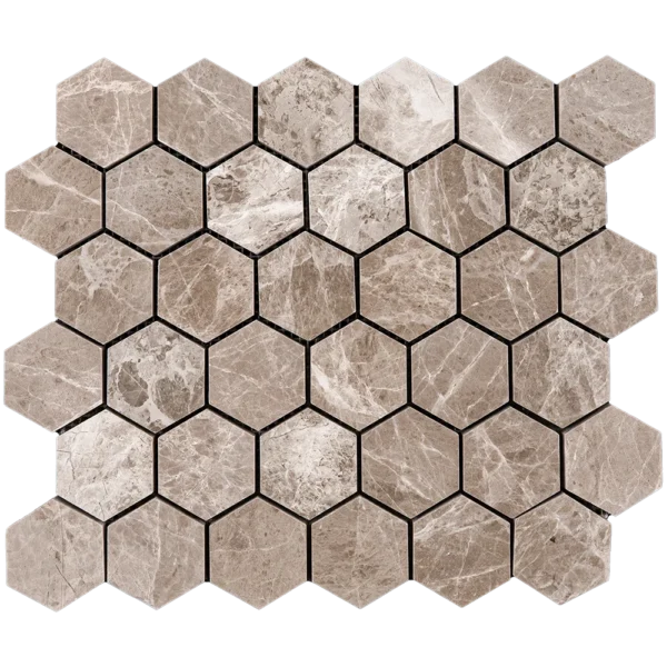 Cropped top view of 2-inch silver marble honeycomb mosaic with polished surface and detailed stone character.