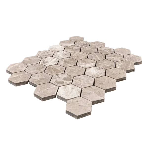 Angled view of 2-inch polished hexagon marble mosaic in silver tone, mesh-mounted for easy installation.