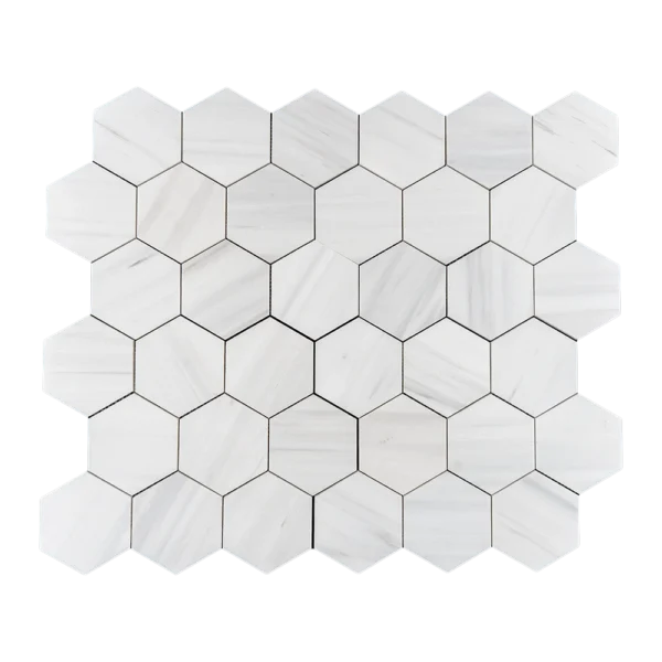 Top view of 4-inch honed Dolomite honeycomb mosaic tile sheet with white marble hexagon pattern for wall installation.