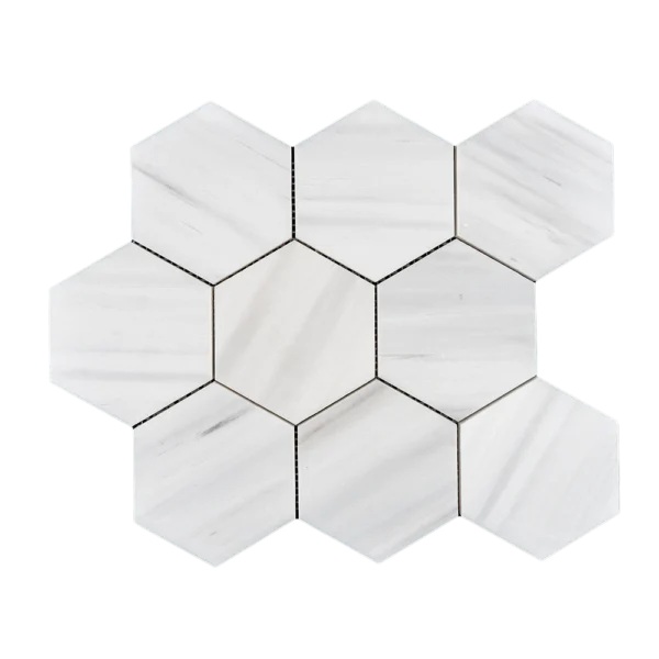 Top view of 4-inch honed Dolomite marble honeycomb mosaic tile section with white hexagon pieces and matte finish.