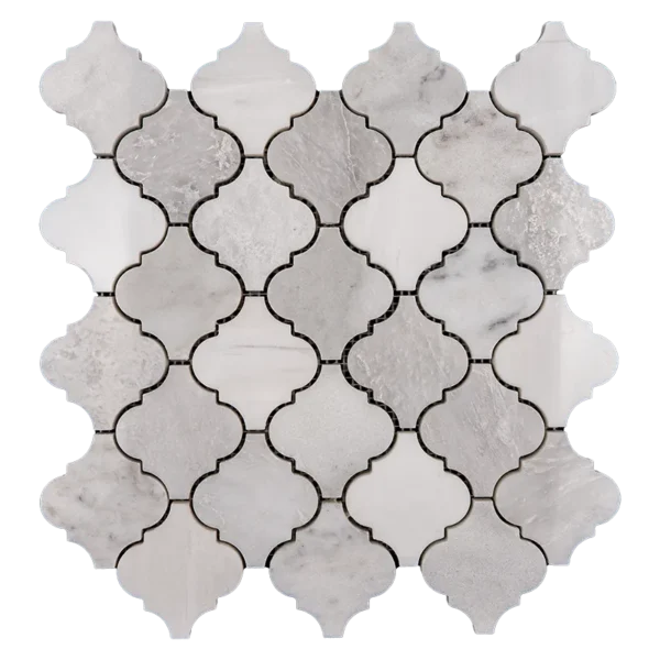 Top view of Arabesque polished marble mosaic tile in white tones made from Dolomite, Iceberg and Imperial White