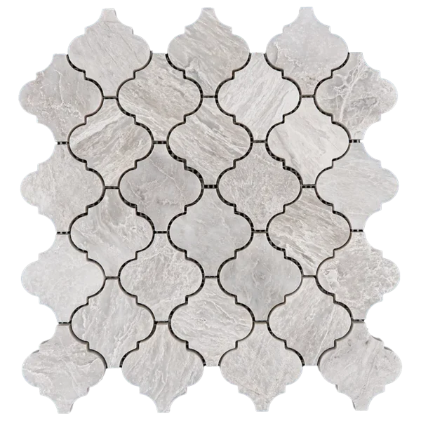 Front view of Iceberg Arabesque Polished marble mosaic tile in white tones