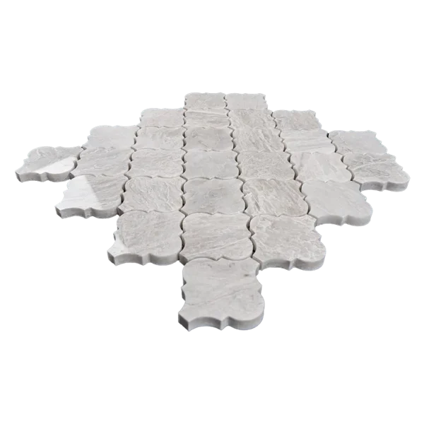 Side view of Iceberg Arabesque Polished marble mosaic tile showing white stone texture