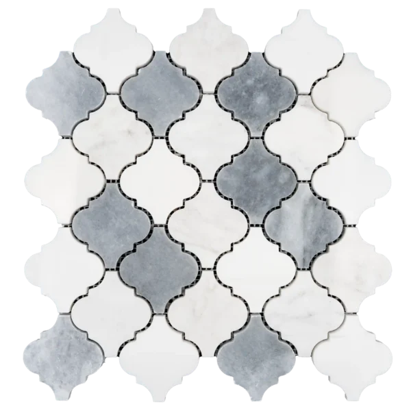 Top view of a square sheet of interlocking arabesque mosaic tiles made from polished natural marble in varying shades of white and dark gray, arranged in a symmetrical and elegant pattern with visible grout lines on a black background.