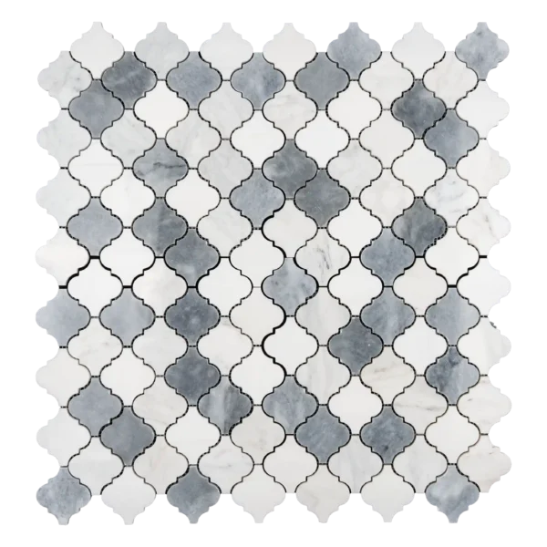 Arabesque polished marble mosaic tile in Dolomite, Bardiglio and Imperial White