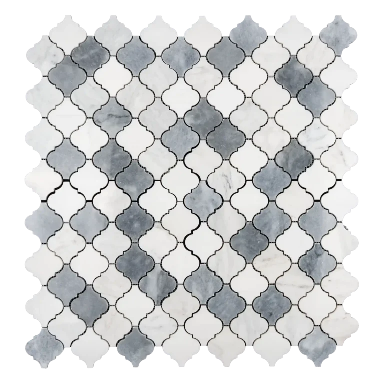 Arabesque polished marble mosaic tile in Dolomite, Bardiglio and Imperial White