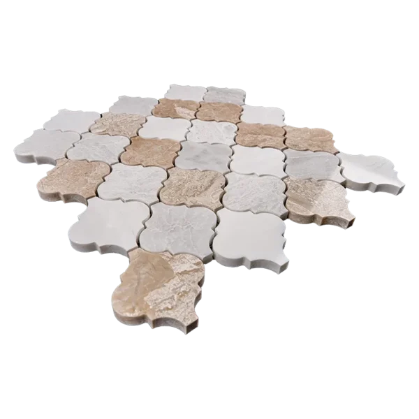 Side view of Arabesque polished marble mosaic tile with Dolomite, Iceberg and Royal Beige blend