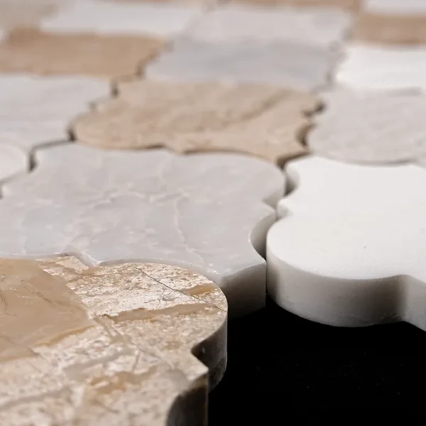 Close-up of Arabesque polished marble mosaic tile showing texture and edge thickness in Dolomite, Iceberg and Royal Beige