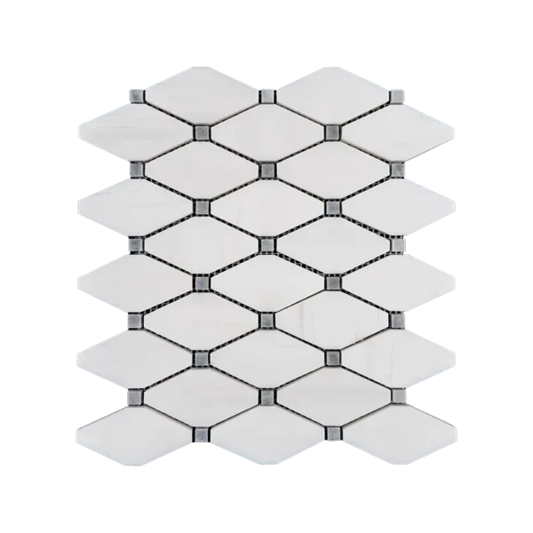 Front view of clipped diamond polished marble mosaic tile with Dolomite and gray accent dots