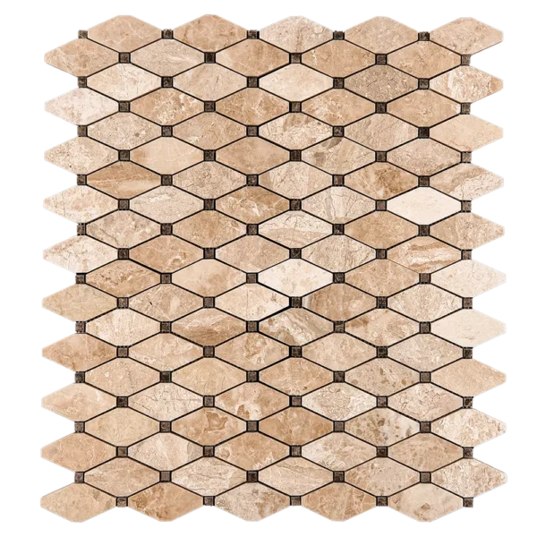 Clipped diamond mosaic tile made of polished Royal Beige and Emperador marble with dark dot accents