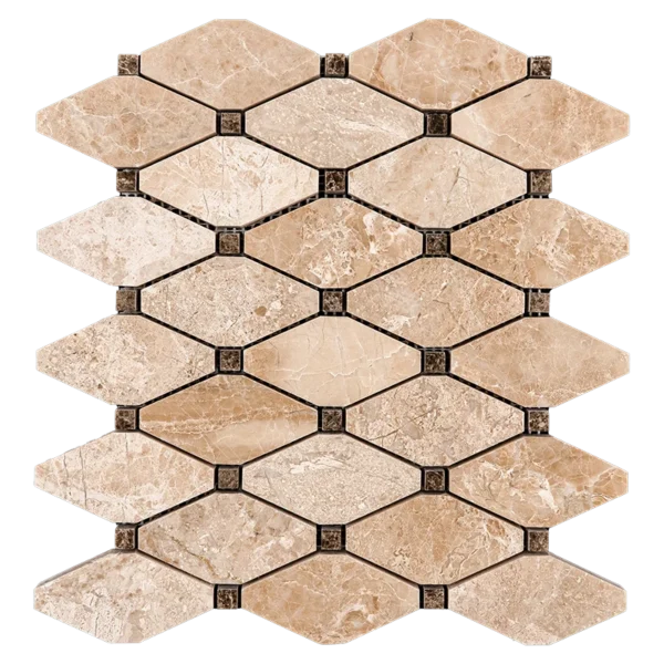 Polished Royal Beige and Emperador marble mosaic tile in clipped diamond pattern with dark dot accents