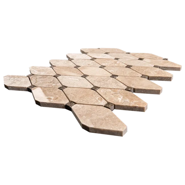 Angled view of clipped diamond marble mosaic tile in polished Royal Beige and Emperador blend