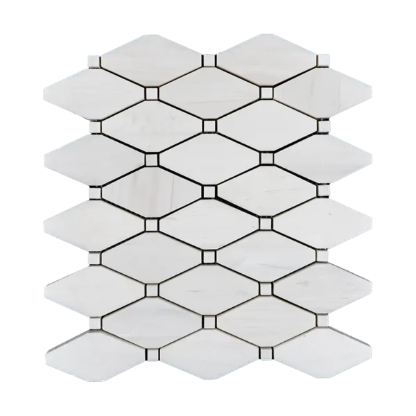 Front view of clipped diamond polished dolomite marble mosaic tile in clean white finish
