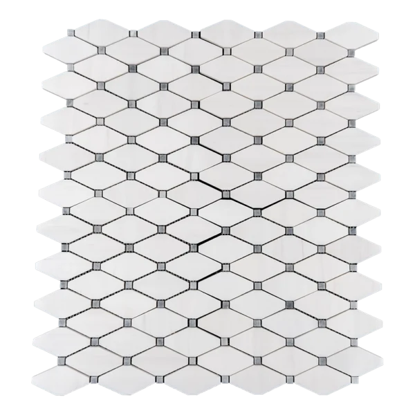 Top view of clipped diamond polished marble mosaic tile featuring Dolomite and gray stone blend